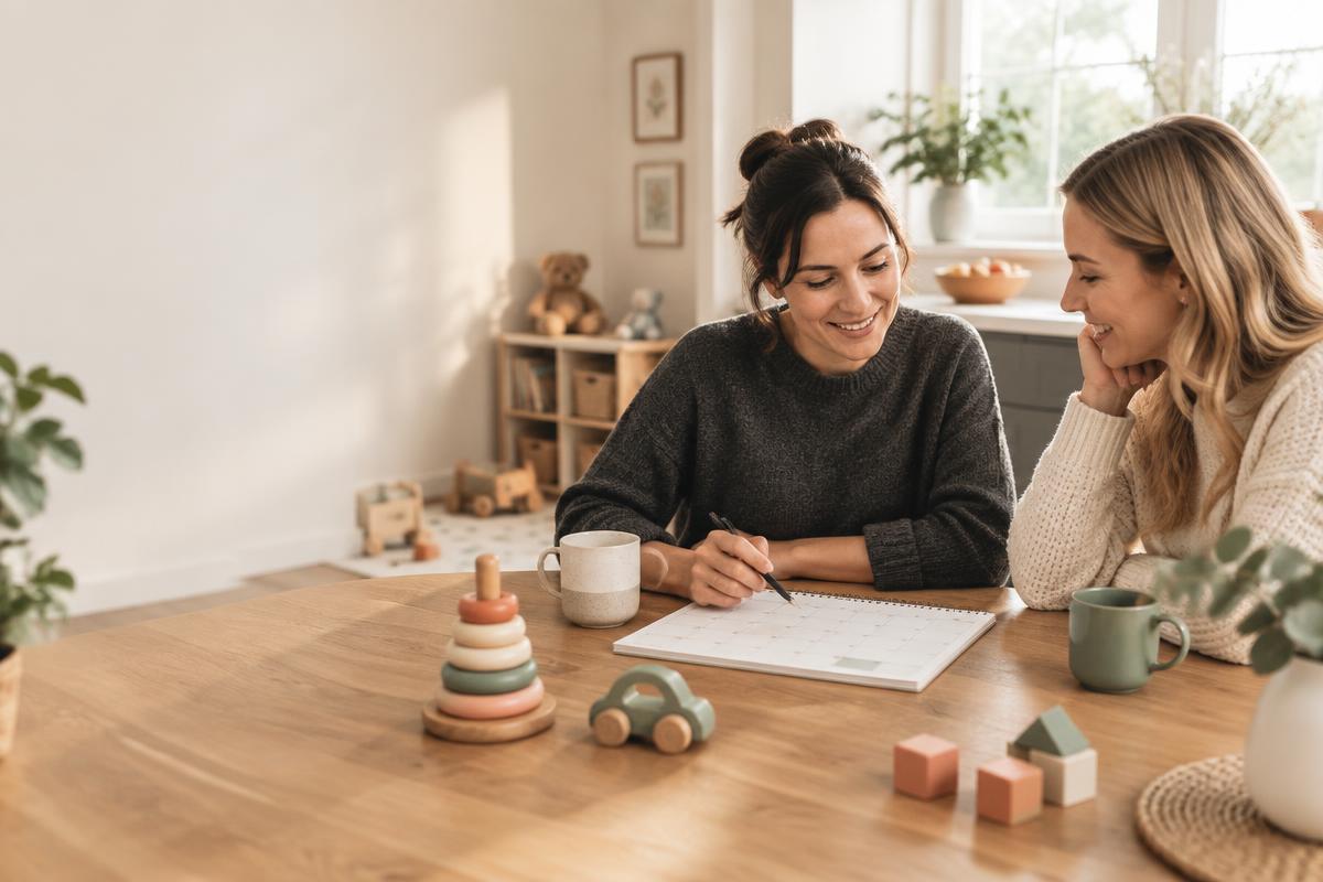 A parent and childminder planning childcare around a kitchen table.